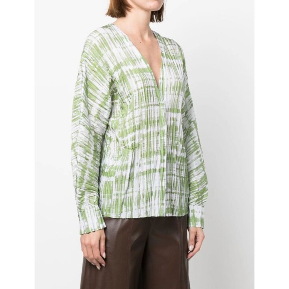 Vince Womens Green Tie-Dye Crinkle Silk Double V-Neck Blouse Size Medium